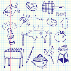 Drawing by hand a pen in a notebook on the theme of grilling and barbecue. Vector illustration.
