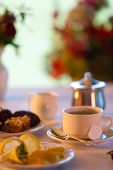 Hot tea in early morning sunlight.