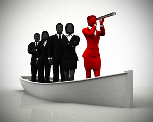 Team with leader on boat with a telescope. A successful team led by a great leader looking through a telescope on a boat navigating towards success.