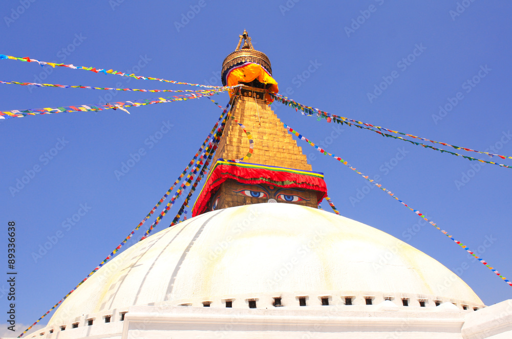 Sticker Bodnath stupa and prayer flags in Kathmandu, Nepal