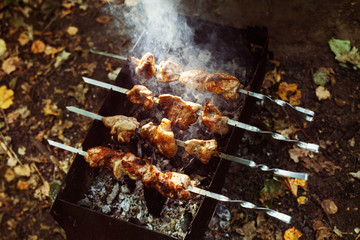 Closeup image of preparation of fresh tasty grilled shashlik 