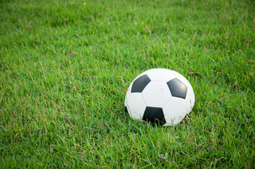 Deflated soccer ball on grass