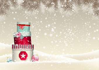 Christmas background with stack of colorful giftboxes
