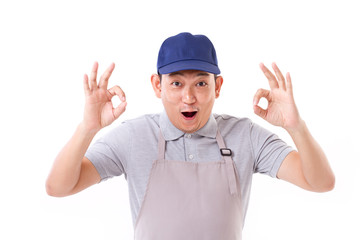 exited worker, employer with ok hand gesture on both hands