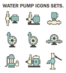 Water pump icon i.e. centrifugal, rotary, submersible and well pump. Powered by electric motor, engine and hand. For water supply infrastructure, wastewater treatment, plumbing and irrigation.