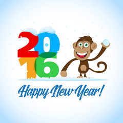 Happy New Year 2016. New Year postcard with monkey and big colorful 2016 figures. New Year Card, t-shirt, banner template.