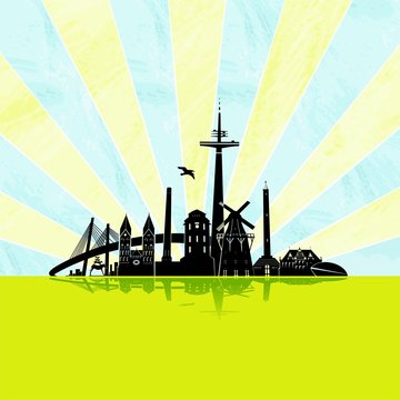 Bremen Skyline Scherenschnitt Kulisse Silhouette Sonnenstrahlen Spiegelung Vektor
