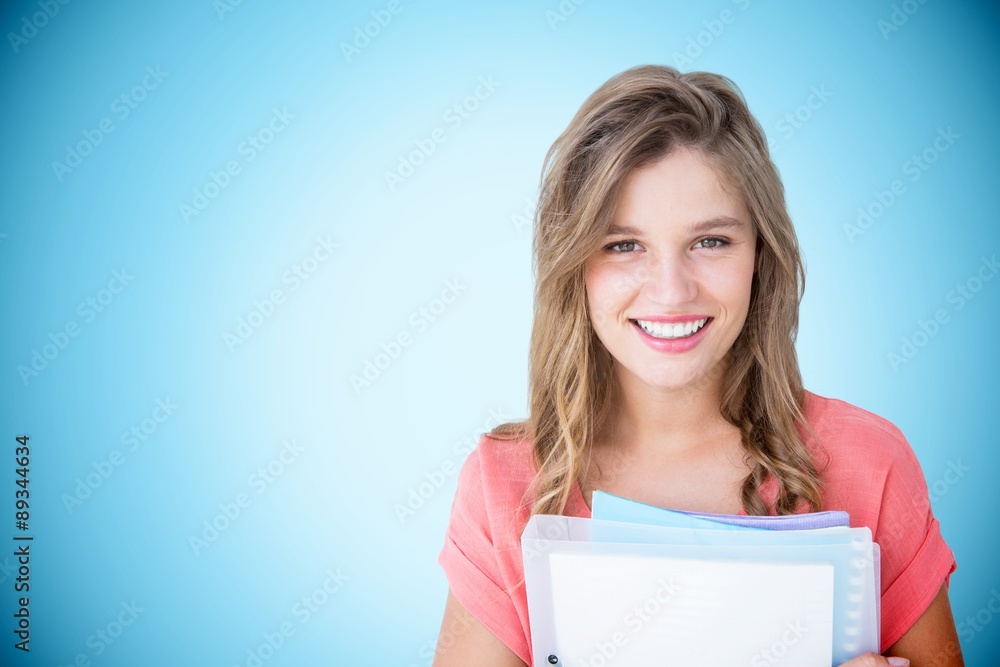 Poster composite image of smiling hipster holding notebook