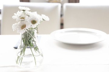 White Flower in Vase on White Table.