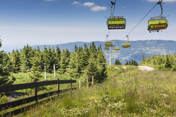 SZCZYRK, POLAND - JULY 4, 2015 : Yellow cable car on Skrzyczne m