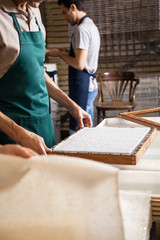 Midsection Worker With Mold In Paper Factory