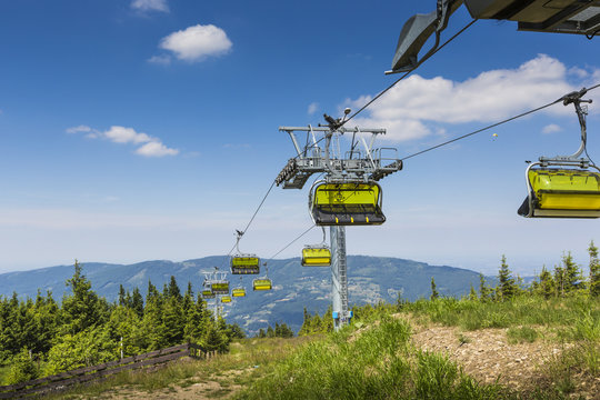 SZCZYRK, POLAND - JULY 4, 2015 : Yellow cable car on Skrzyczne m