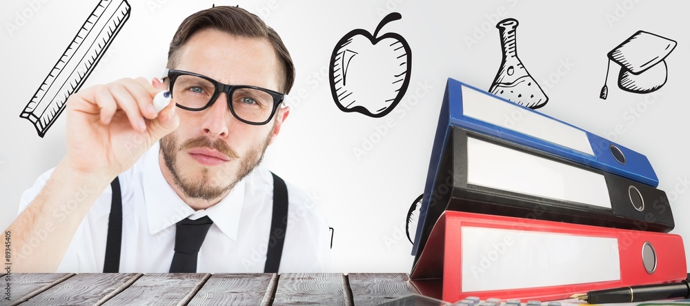 Poster composite image of geeky businessman writing with marker