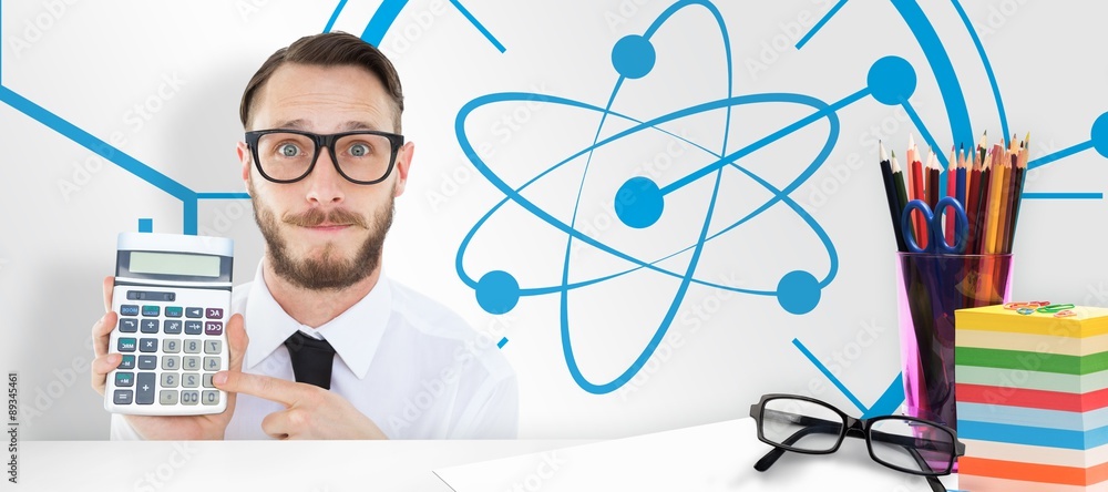 Poster composite image of geeky businessman pointing to calculator