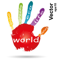 Vector conceptual children painted hand print word cloud