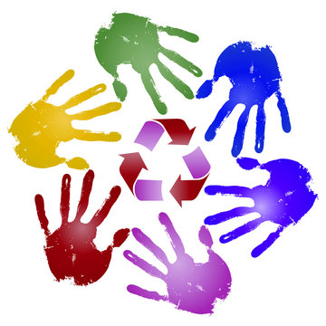 Conceptual children painted hand print and recycle symbol
