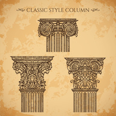 Antique and baroque classic style column vector set. Vintage architectural details design elements on grunge background in sketch style