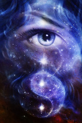 blue women eye ,  space and stars,  simbol yin yang, 