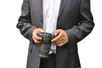 Men in dark suit with photo camera
