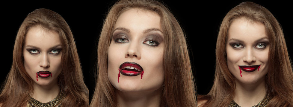 Close-up portrait of a pale gothic vampire woman