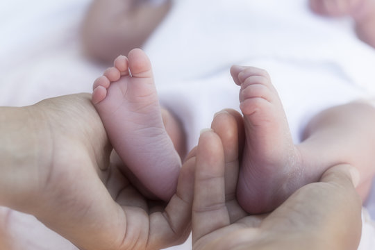 Pies de bebé recién nacido en las manos de su madre.