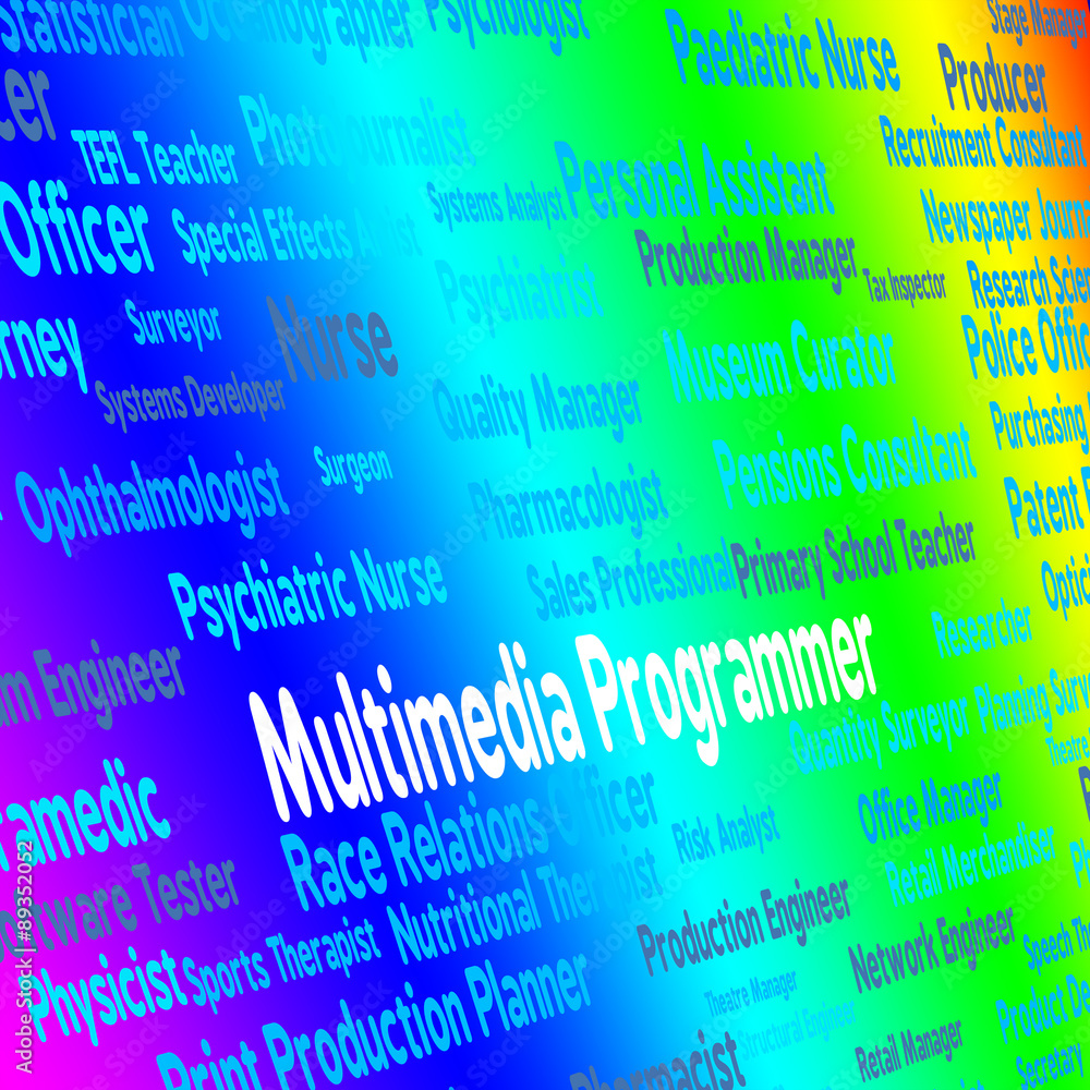Poster multimedia programmer indicates software engineer and career