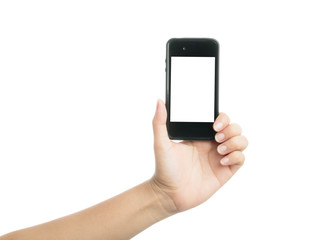 Woman hand holding black smart phone with blank screen