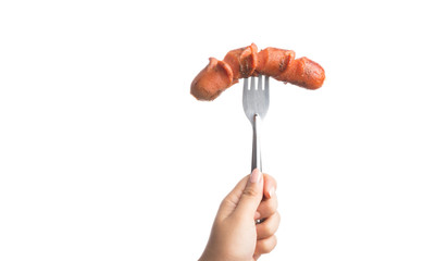 Grilled Sausage on fork isolated