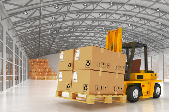 Warehouse logistics, packages shipment, delivery and loading concept, forklift truck and pallets with cardboard boxes in storehouse office building interior