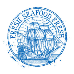 fresh seafood vector logo design template. Shabby stamp or ship