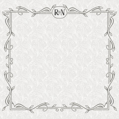 Vector floral border with copy space. Ornate frame on the light seamless pattern. The template for elegant invitation, greeting card etc. Stock vector.