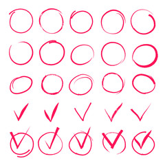 Set of hand drawn highlight red circles and check mark icons