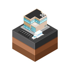 Isometric Modern Office Building - 
A vector illustration of a modern office that is sending or receiving a delivery.