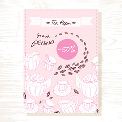 Tea room sale flyer template with tea service in vector. Hand drawn illustration
