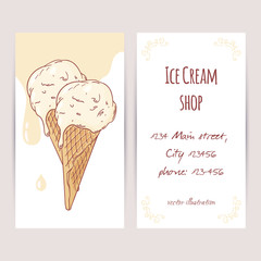Business card template with hand drawn ice cream in a waffle cone and drops