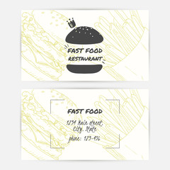 Business cards set with handdrawn fast food and place for text. Burger logo