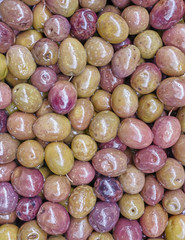 organic variety of olives close up, tasty background