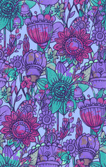 Vector seamless pattern with fantasy flowers