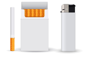 Cigarette, Pack of cigarettes and Lighter. 