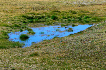 Stagno di montagna riflette il cielo azzurro