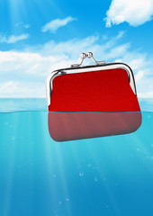 floating red wallet at ocean, colorful finance concept