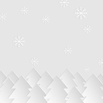 winter paper landscape with christmas trees and snowflakes vector background