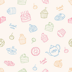 Sweet cakes and tea seamless vector pattern.
