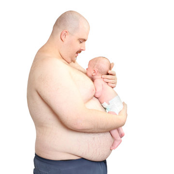 Overweight father and his little baby on white background.  Lifestyle picture.