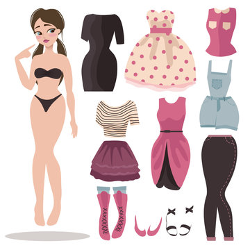 girl and a set of clothes for her. Vector Illustration