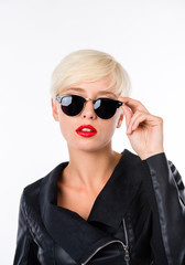 successful young woman with red lips and glasses