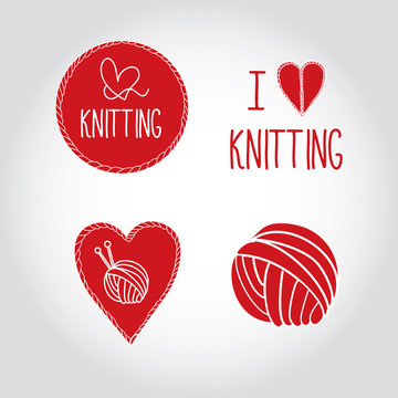 Knitting logo elements with yarn and needles.