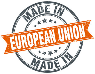 european union orange grunge ribbon stamp on white