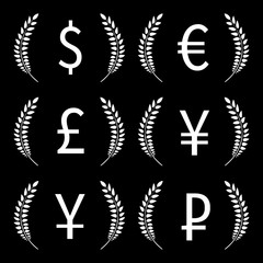 Currencies Laurels Dollar Euro Pound Yen Yuan Ruble Black and White 1