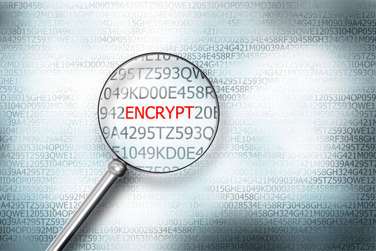 Reading The Word Encrypt On Computer Screen With A Magnifying Gl